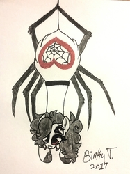 Size: 1584x2114 | Tagged: safe, artist:binkyt11, oc, oc only, oc:izzy bitsy, monster pony, original species, pony, spiderpony, female, hanging, heart, looking at you, multiple eyes, simple background, solo, spider web, suspended, traditional art, underhoof, white background