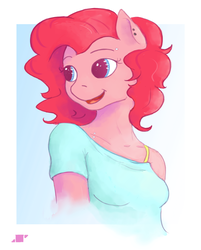 Size: 900x1119 | Tagged: safe, artist:shiropoint, pinkie pie, earth pony, anthro, g4, clothes, female, off shoulder, solo