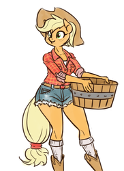 Size: 726x1000 | Tagged: safe, artist:king-kakapo, applejack, earth pony, anthro, g4, alternate hairstyle, applebucking thighs, applejack's hat, bobcut, boots, bucket, clothes, cowboy hat, daisy dukes, female, flat colors, freckles, hat, mare, plaid shirt, shirt, shoes, short hair, shorts, simple background, smiling, socks, solo, white background
