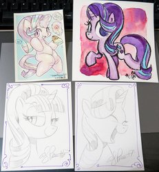 Size: 1481x1600 | Tagged: safe, artist:agnes garbowska, artist:andy price, artist:mosamosa_n, starlight glimmer, pony, unicorn, g4, candy, donut, eating, female, food, glowing horn, heart, horn, s5 starlight, smiling, solo, traditional art