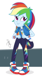Size: 1126x2048 | Tagged: safe, artist:ilaria122, rainbow dash, equestria girls, g4, my little pony equestria girls: better together, overpowered (equestria girls), bench, clothes, converse, female, geode of super speed, magical geodes, pants, shoes, signature, simple background, sitting, solo, transparent background
