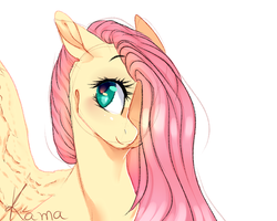 Size: 2000x1600 | Tagged: safe, artist:skimea, fluttershy, pegasus, pony, g4, bust, colored sketch, cute, female, floppy ears, hair over one eye, looking away, looking up, mare, portrait, shyabetes, simple background, smiling, solo, spread wings, wings