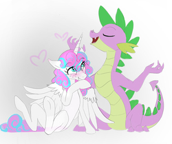 Size: 1600x1340 | Tagged: safe, artist:jaeneth, princess flurry heart, spike, alicorn, dragon, pony, g4, blushing, covering mouth, eyes closed, female, flurryspike, freckles, heart, male, mare, older, older flurry heart, older spike, open mouth, shipping, simple background, smiling, straight