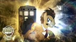 Size: 300x168 | Tagged: safe, artist:tygerbug, edit, doctor whooves, time turner, earth pony, pony, g4, crossover, doctor who, my little pony logo, necktie, solo, sonic screwdriver, tardis, the doctor