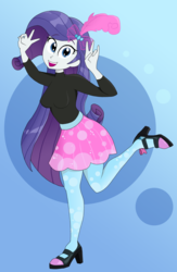 Size: 1771x2724 | Tagged: safe, artist:iyoungsavage, rarity, equestria girls, g4, good vibes, my little pony equestria girls: summertime shorts, abstract background, clothes, cute, female, high heels, long hair, looking at you, open mouth, pantyhose, raised leg, shoes, skirt, smiling, solo, sweater, turtleneck