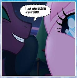 Size: 596x600 | Tagged: safe, pinkie pie, tempest shadow, pony, g4, my little pony: the movie, dialogue, female, mare, meme, open mouth, we don't normally wear clothes