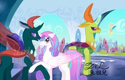 Size: 1024x655 | Tagged: safe, artist:dark-x-light, pharynx, princess flurry heart, thorax, alicorn, changedling, changeling, pony, g4, the crystalling, to change a changeling, to where and back again, blushing, changedling brothers, female, flurynx, king thorax, male, mare, older, older flurry heart, prince pharynx, story included, straight