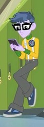 Size: 166x469 | Tagged: safe, screencap, micro chips, equestria girls, g4, my little pony equestria girls: better together, overpowered (equestria girls), clothes, cropped, male, pants, phone, shoes, smiling, sneakers