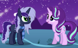 Size: 9519x5896 | Tagged: safe, artist:asika-aida, starlight glimmer, oc, oc:krystel, g4, absurd resolution, night, stars