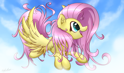 Size: 4200x2500 | Tagged: safe, artist:sentireaeris, fluttershy, pegasus, pony, g4, cloud, cute, female, flying, mare, open mouth, profile, shyabetes, sky, smiling, solo, spread wings, wings