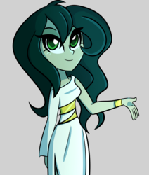 Size: 750x885 | Tagged: dead source, safe, artist:wubcakeva, oc, oc only, oc:medusa, equestria girls, g4, clothes, cute, dress, equestria girls-ified, female, gray background, green eyes, medusa, simple background, smiling, solo