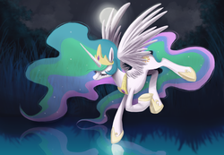 Size: 3194x2216 | Tagged: safe, artist:adailey, princess celestia, alicorn, pony, g4, eyes closed, female, flying, mare, moon, night, pond, reflection, solo, water