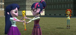 Size: 1280x600 | Tagged: safe, artist:n3onh100, sci-twi, sunset shimmer, twilight sparkle, equestria girls, g4, my little pony equestria girls: friendship games, 3d, fight, gmod, scepter, twilight scepter, twolight