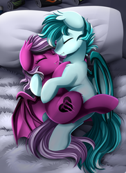 Size: 2550x3509 | Tagged: safe, artist:pridark, oc, oc only, bat pony, pony, bat pony oc, bed, bedroom, commission, cuddling, cute, duo, energy drink, eyes closed, high res, monster energy, oc x oc, pillow, shipping