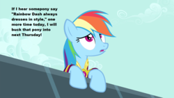 Size: 1280x720 | Tagged: safe, edit, edited screencap, screencap, rainbow dash, g4, inspiration manifestation, my little pony: friendship is magic, season 4, annoyed, clothes, cloud, dress, female, gem, image macro, meme, open mouth, rainbow dash always dresses in style, roof, solo, text, tired