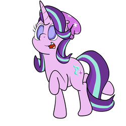 Size: 1280x1280 | Tagged: safe, artist:bennimarru, starlight glimmer, pony, unicorn, g4, 30 minute art challenge, beanie, colored pupils, cute, female, glimmerbetes, happy, hat, mare, open mouth, ponified humanized pony, raised hoof, raised leg, simple background, smiling, solo, white background, wide eyes