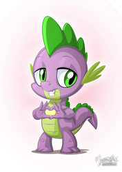 Size: 955x1351 | Tagged: safe, artist:mysticalpha, spike, dragon, g4, cute, grin, heart, male, simple background, smiling, solo, white background