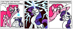 Size: 935x372 | Tagged: safe, artist:gingerfoxy, pinkie pie, rarity, earth pony, pony, unicorn, pony comic generator, g4, comic, food, glowing, glowing horn, horn, marshmallow, rarity is a marshmallow