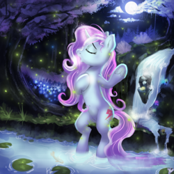 Size: 2000x2000 | Tagged: safe, artist:gab0o0, oc, oc only, oc:beat amperage, pony, unicorn, commission, eyes closed, female, forest, high res, mare, moon, solo, standing, tree, water, waterfall