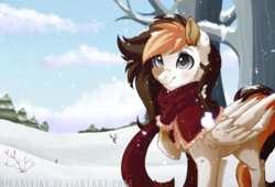 Size: 1024x697 | Tagged: safe, artist:hikariviny, oc, oc only, oc:sweet lullaby, pony, female, mare, smiling, snow, solo, tree, winter