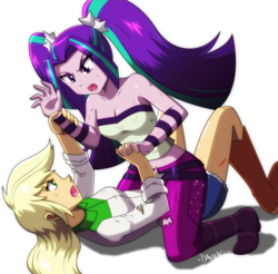Size: 4069x4000 | Tagged: safe, artist:danmakuman, applejack, aria blaze, human, equestria girls, g4, angry, boots, breasts, catfight, cleavage, clothes, commission, denim skirt, duo, fight, legs, midriff, open mouth, pants, pigtails, shoes, simple background, skirt, sports, thighs, transparent background, tube top, twintails, wrestling