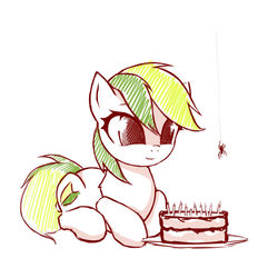 Size: 600x600 | Tagged: safe, artist:rainbow, oc, oc only, oc:iipony, earth pony, pony, spider, birthday cake, cake, cute, female, food, mare, prone, simple background, smiling, solo, white background