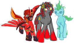 Size: 1670x978 | Tagged: safe, artist:overlord pony, oc, oc only, oc:dj cherry bomb, oc:hallo, oc:speedy, alicorn, earth pony, ghost, pony, colored sketch, dreadlocks, female, headphones, male, mare, markings, sketch, stallion, wings