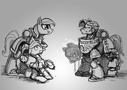 Size: 1158x818 | Tagged: safe, artist:sanity-x, oc, oc only, oc:azure taffy, oc:storm bolt, cyborg, pony, armor, blood angels, female, gray background, grayscale, iron hands, male, mare, monochrome, ponified, power armor, powered exoskeleton, simple background, space marine, stallion, tactical squad, warhammer (game), warhammer 40k