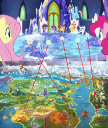 Size: 1280x1506 | Tagged: safe, screencap, applejack, fluttershy, pinkie pie, rainbow dash, rarity, spike, starlight glimmer, sunburst, twilight sparkle, alicorn, dragon, pony, g4, shadow play, analysis, blindfold, comparison, cutie map, flower, friendship throne, inconsistency, mane six, map, map of equestria, mask, netitus, shield, shovel, twilight sparkle (alicorn)