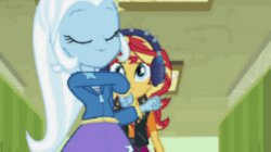 Size: 640x359 | Tagged: safe, edit, edited screencap, screencap, sunset shimmer, trixie, equestria girls, equestria girls series, g4, overpowered (equestria girls), animated, canterlot high, female, loop, moving, proud, reversed