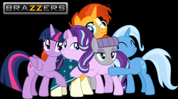 Size: 5394x3001 | Tagged: safe, edit, maud pie, starlight glimmer, sunburst, trixie, twilight sparkle, alicorn, pony, g4, uncommon bond, black background, brazzers, glimmer group, group hug, hug, simple background, sunburst gets all the mares, twilight sparkle (alicorn)