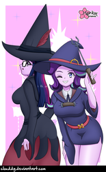 Size: 620x1000 | Tagged: safe, artist:clouddg, starlight glimmer, twilight sparkle, equestria girls, g4, belt, breasts, busty starlight glimmer, busty twilight sparkle, clothes, cute, dress, duo, glasses, hat, little witch academia, looking at you, one eye closed, side slit, skirt, thighs, twilight sparkle (alicorn), twilight's professional glasses, wink, witch, witch hat