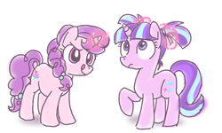 Size: 1000x600 | Tagged: safe, artist:yosixi, starlight glimmer, sugar belle, pony, unicorn, g4, bow, duo, female, filly, filly starlight glimmer, glowing horn, horn, pigtails, ribbon, younger