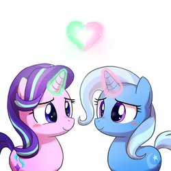 Size: 800x800 | Tagged: safe, artist:yosixi, starlight glimmer, trixie, pony, unicorn, g4, blushing, cute, diatrixes, duo, duo female, female, glimmerbetes, glowing, glowing horn, heart, horn, lesbian, looking at each other, looking at someone, mare, ship:startrix, shipping