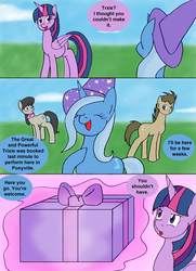 Size: 1000x1379 | Tagged: safe, artist:emilou1985, doctor whooves, octavia melody, time turner, trixie, twilight sparkle, alicorn, pony, unicorn, comic:signs, g4, clothes, comic, happy, hat, hoof on chest, magic, magic aura, misspelling, pregnant, present, trixie's hat, twilight sparkle (alicorn)