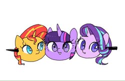 Size: 768x499 | Tagged: safe, artist:kagitsuki, starlight glimmer, sunset shimmer, twilight sparkle, pony, unicorn, g4, dango, disembodied head, food, sunset shimmer dressing up as food, trio