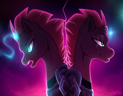 Size: 800x626 | Tagged: safe, artist:anttu-chan, tempest shadow, pony, unicorn, g4, my little pony: the movie, broken horn, bust, duality, female, horn, mare, open mouth, solo
