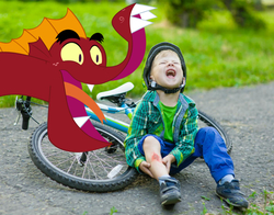 Size: 700x549 | Tagged: safe, artist:queencold, edit, garble, dragon, human, g4, bicycle, child, crying, injured, irl, irl human, jerk, photo