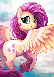 Size: 3508x4961 | Tagged: safe, artist:eiolf, fluttershy, pegasus, pony, g4, absurd resolution, butt, cute, female, flying, heart eyes, looking at you, looking back, mare, mid-flight, plot, shyabetes, sky, smiling, solo, spread wings, turned head, wingding eyes, wings