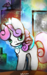 Size: 600x960 | Tagged: safe, artist:wolfkrft, sweetie belle, pony, unicorn, g4, complex background, female, filly, holding an axe, minecraft sweetie belle, solo