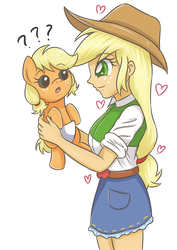 Size: 2893x4092 | Tagged: safe, artist:sumin6301, applejack, earth pony, human, pony, equestria girls, g4, age difference, baby, baby pony, babyjack, belt, clothes, confused, cowboy hat, cute, denim skirt, diaper, female, filly, foal, freckles, hat, high res, holding a pony, human ponidox, jackabetes, looking at each other, self ponidox, skirt, stetson