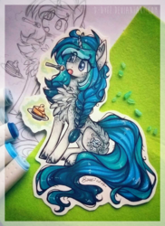 Size: 1161x1592 | Tagged: safe, artist:tay-niko-yanuciq, oc, oc only, oc:bubble lee, pony, unicorn, cake, cheesecake, chest fluff, eating, female, food, mare, solo, traditional art