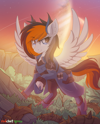 Size: 1300x1614 | Tagged: safe, artist:redchetgreen, oc, oc only, oc:rainy sky, pegasus, pony, armor, clothes, commission, female, mare, raised hoof, smiling, solo, spread wings, wings, ych result