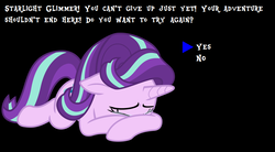 Size: 874x484 | Tagged: safe, starlight glimmer, g4, black background, continue, crying, female, game over, knocked out, mother series, parody, rpg, simple background, solo, undertale, video game