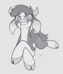 Size: 1630x1925 | Tagged: safe, artist:lockerobster, arizona (tfh), cow, them's fightin' herds, cloven hooves, community related, crossed hooves, female, gray background, grayscale, lying down, monochrome, pencil drawing, simple background, smiling, smirk, solo, traditional art