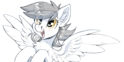 Size: 1176x588 | Tagged: safe, artist:hioshiru, oc, oc only, oc:kej, pegasus, pony, heart eyes, open mouth, rule 63, simple background, smiling, spread wings, white background, wingding eyes, wings