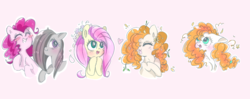 Size: 1236x491 | Tagged: safe, artist:pinkablue, fluttershy, marble pie, pear butter, pinkie pie, earth pony, pegasus, pony, g4, blushing, bust, cute, floppy ears, flower, flower in hair, happy, line-up, messy mane, portrait, simple background