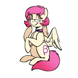 Size: 2700x2700 | Tagged: safe, artist:overlordneon, oc, oc only, oc:beta, pegasus, pony, choker, female, gift art, high res, mare, simple background, sitting, smiling, solo
