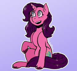 Size: 2830x2615 | Tagged: safe, artist:overlordneon, oc, oc only, oc:caravel, pony, unicorn, female, freckles, gift art, high res, mare, raised hoof, sitting, smiling, solo