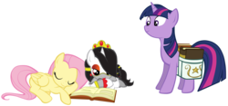 Size: 6121x2867 | Tagged: safe, artist:petraea, fluttershy, twilight sparkle, oc, oc:erica, pony, unicorn, g4, absurd resolution, book, female, mare, prone, saddle bag, simple background, sleeping, transparent background, unicorn twilight, vector, veil